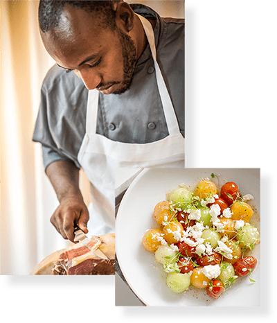 Collage of cook slicing prosciutto and bowl of tomato salad